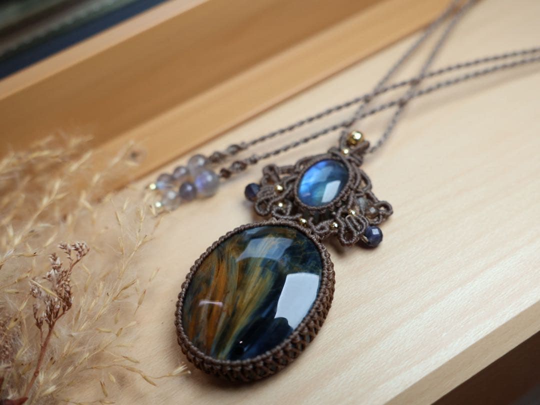 クロシドライトクォーツ(鑑別あり) マクラメ　ネックレス