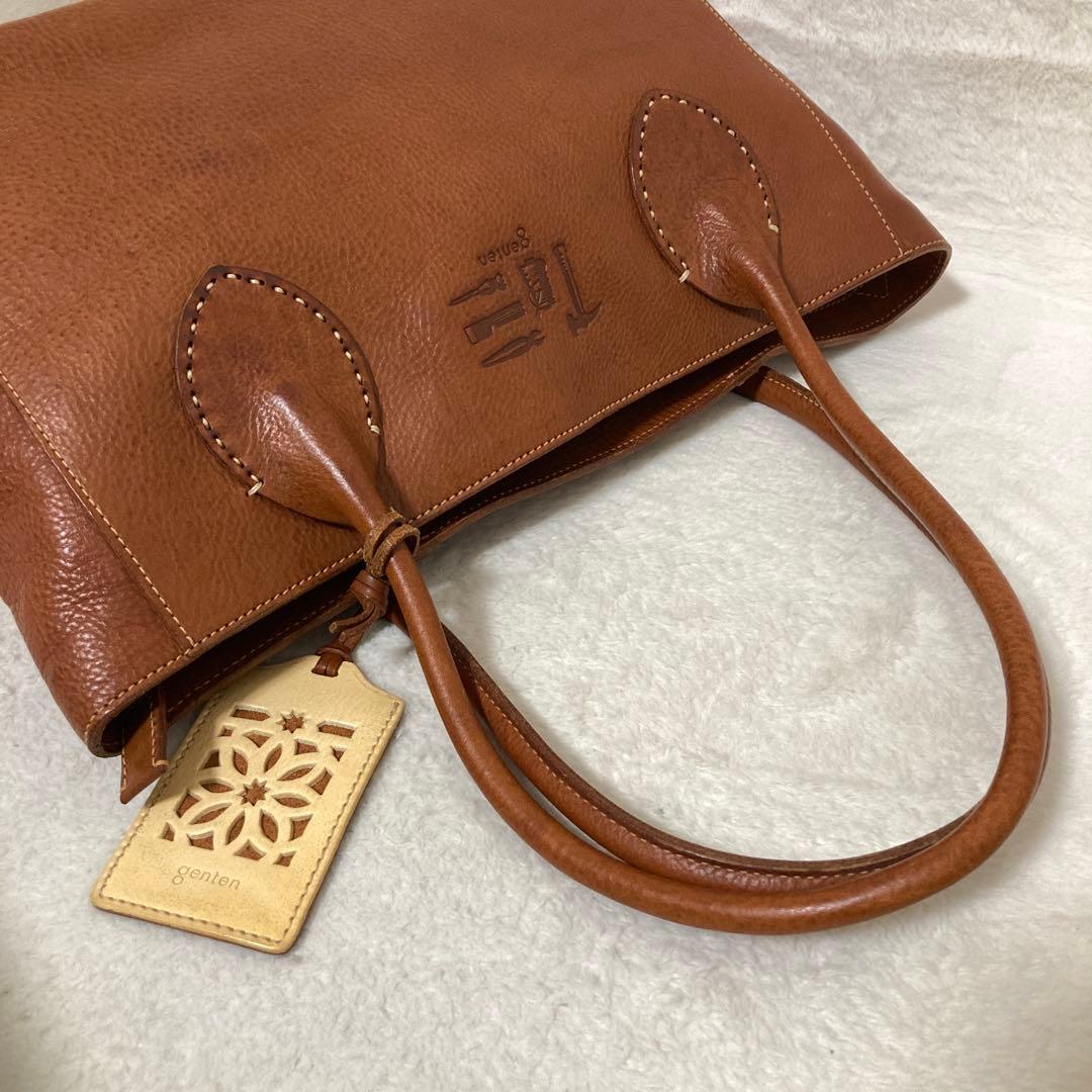 【美品】genten ゲンテン レザートートバッグ ブラウン パスケース付き