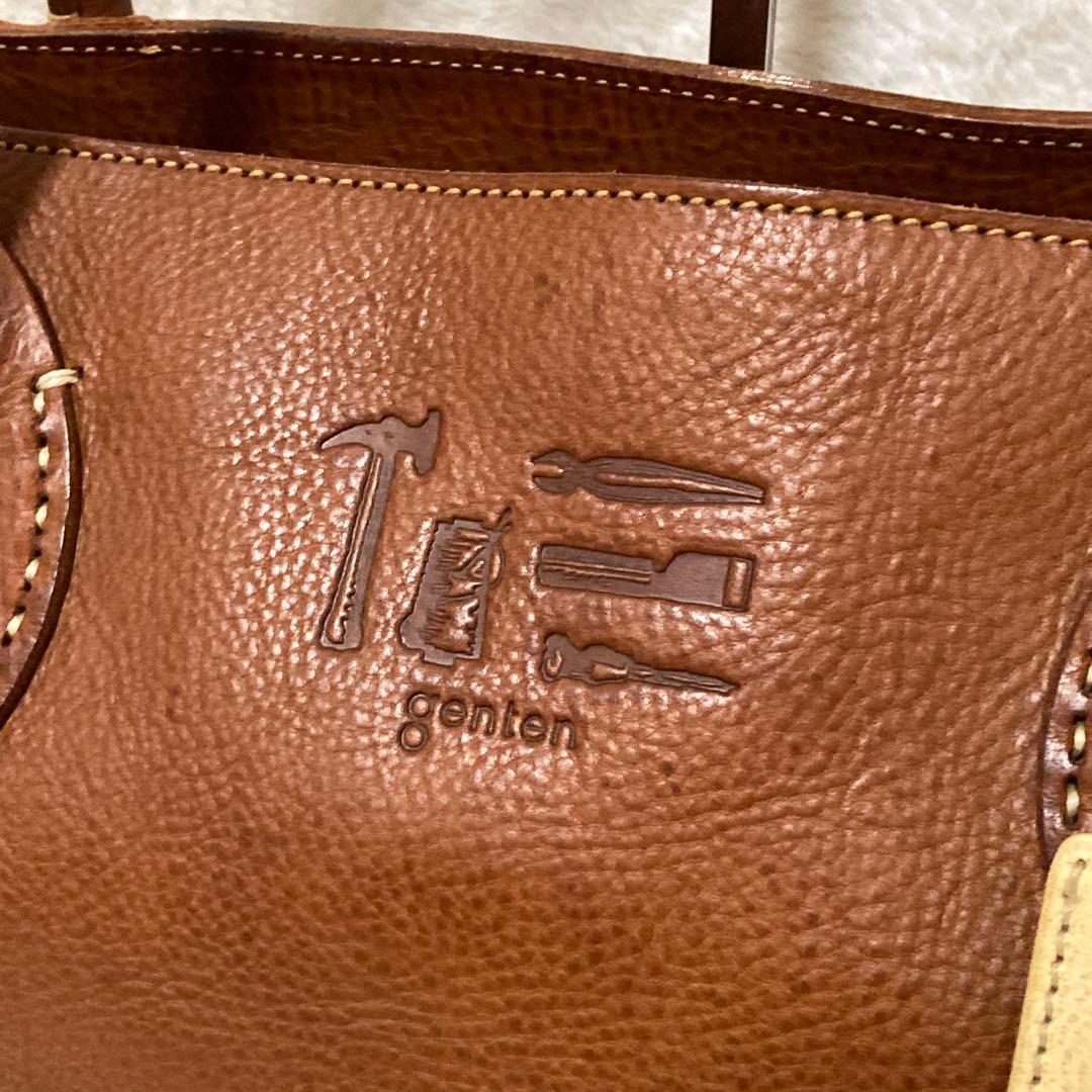 【美品】genten ゲンテン レザートートバッグ ブラウン パスケース付き