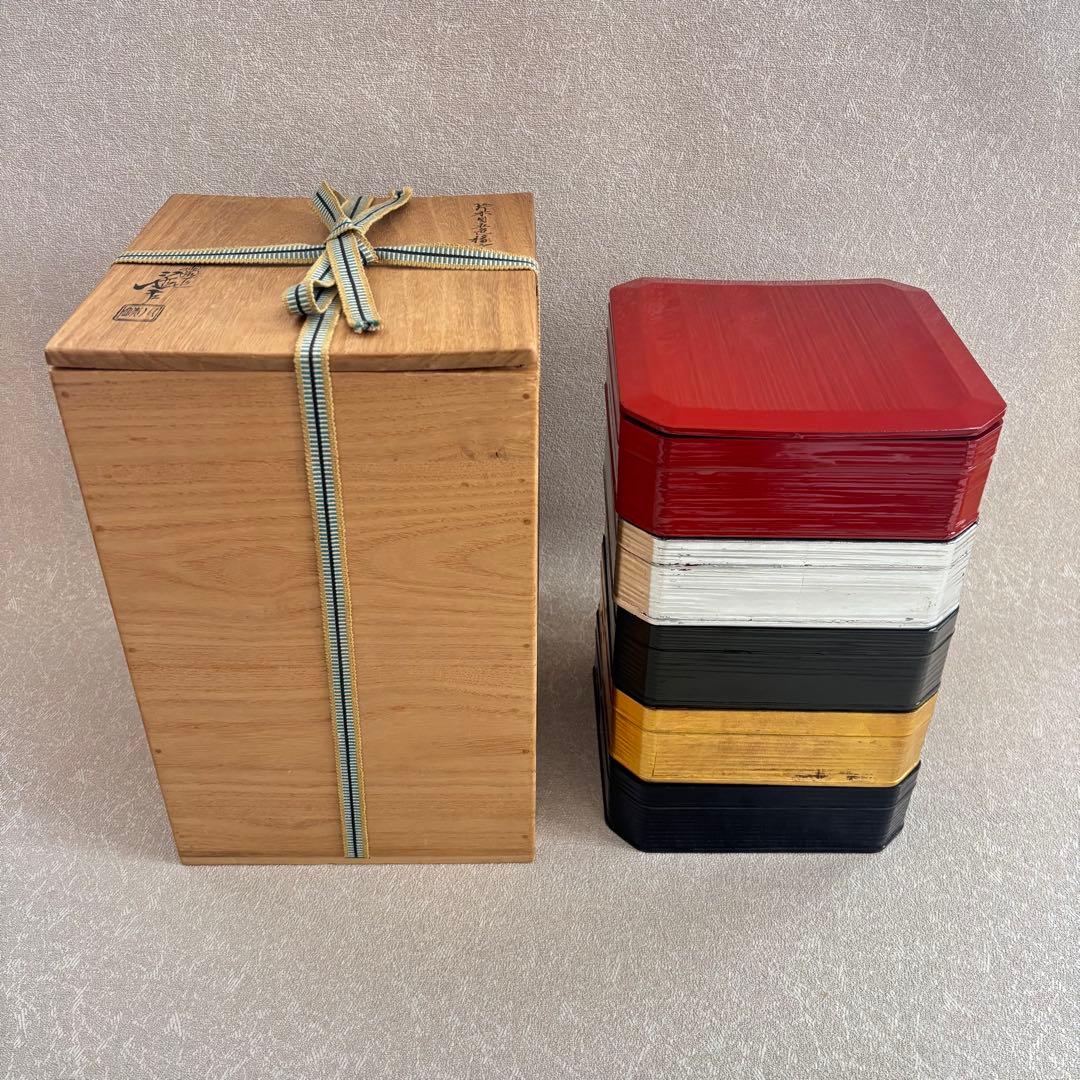 塗匠 五代 川端近左 利休形 縁高 菓子器 共箱 片木目五色縁高 共箱