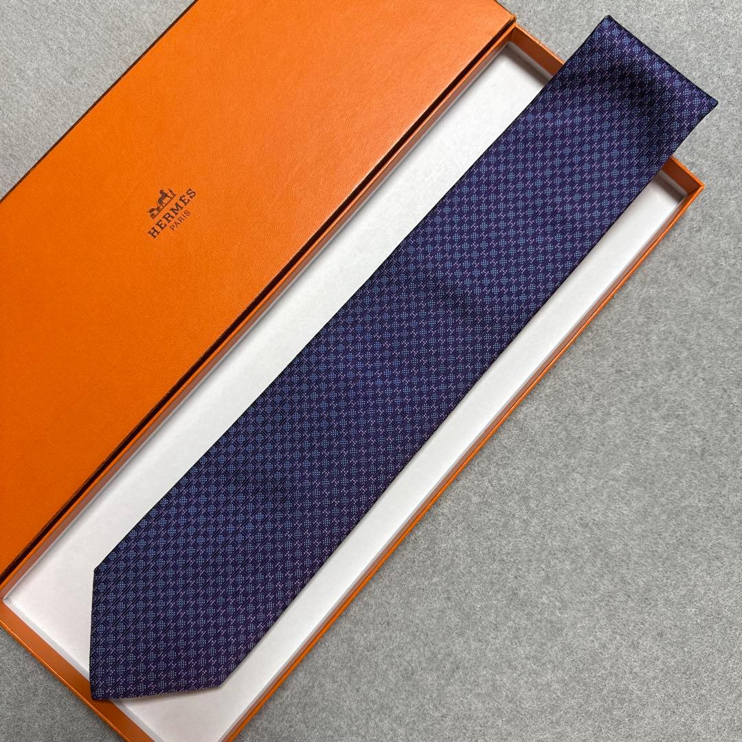 極美品　エルメス　ネクタイ　紫　H柄 シルクジャガード　結婚式