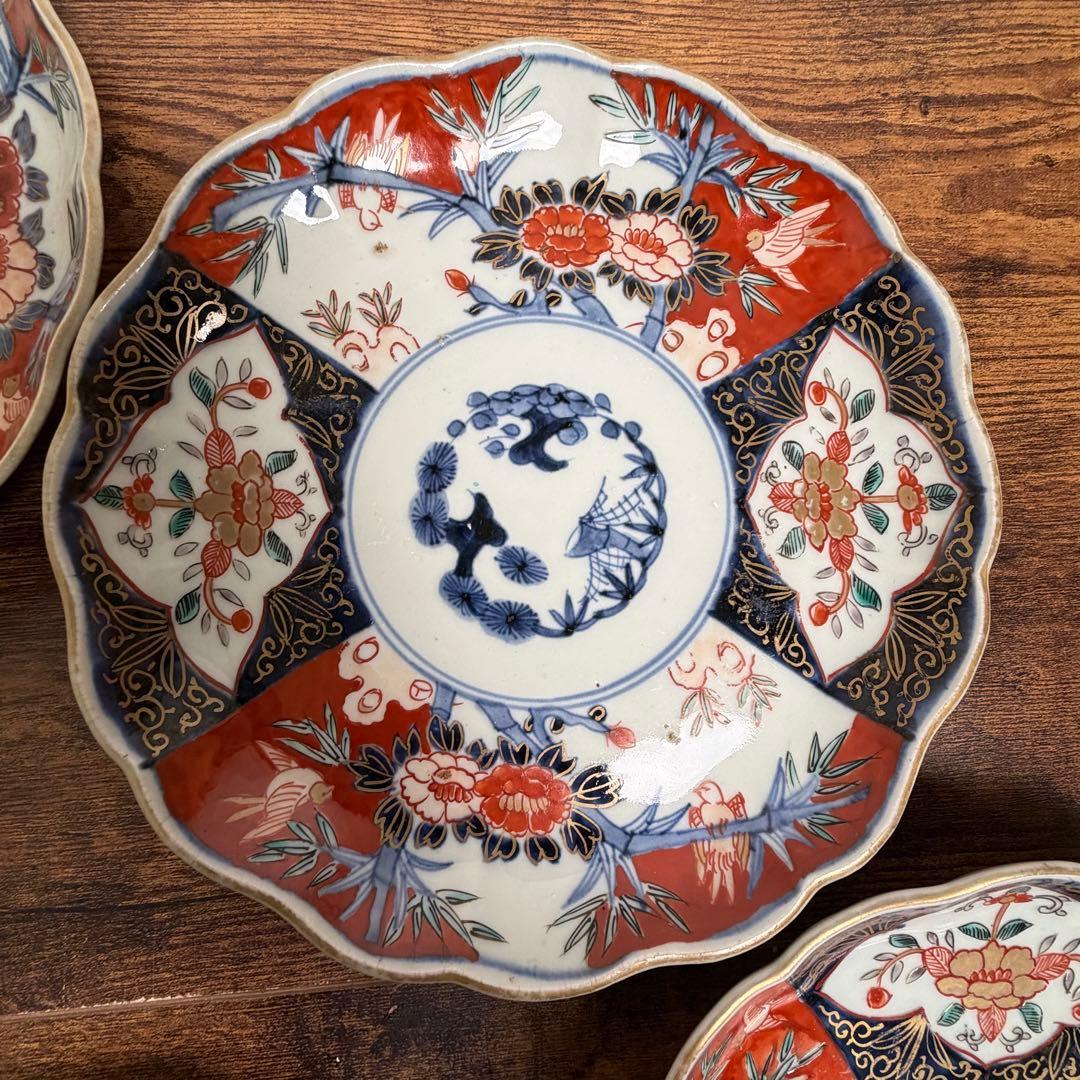 古伊万里 赤絵富貴長春七寸皿 五客　大皿/お皿/中皿/アンティーク