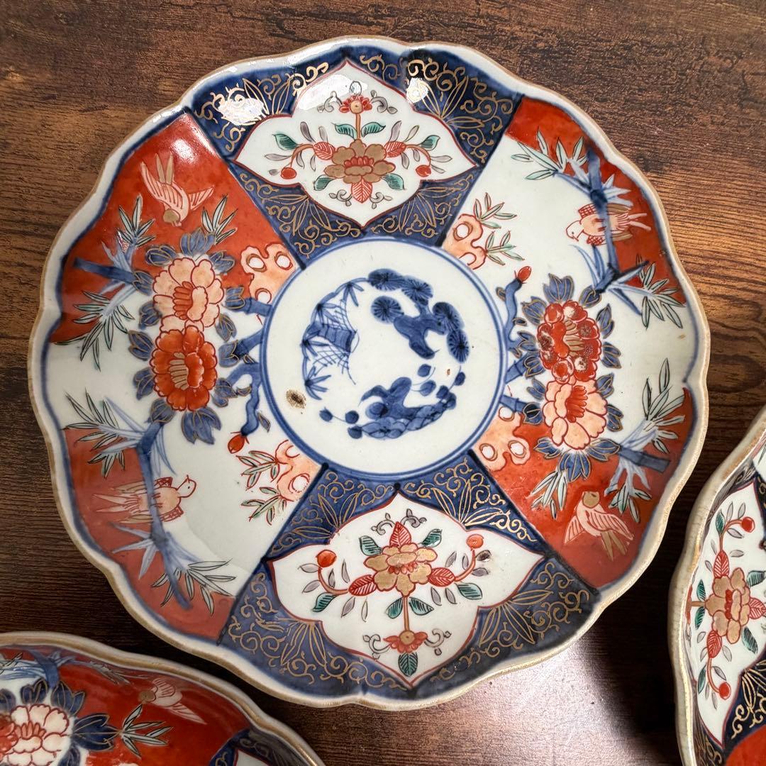 古伊万里 赤絵富貴長春七寸皿 五客　大皿/お皿/中皿/アンティーク