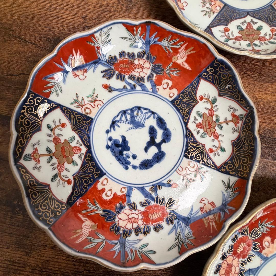 古伊万里 赤絵富貴長春七寸皿 五客　大皿/お皿/中皿/アンティーク