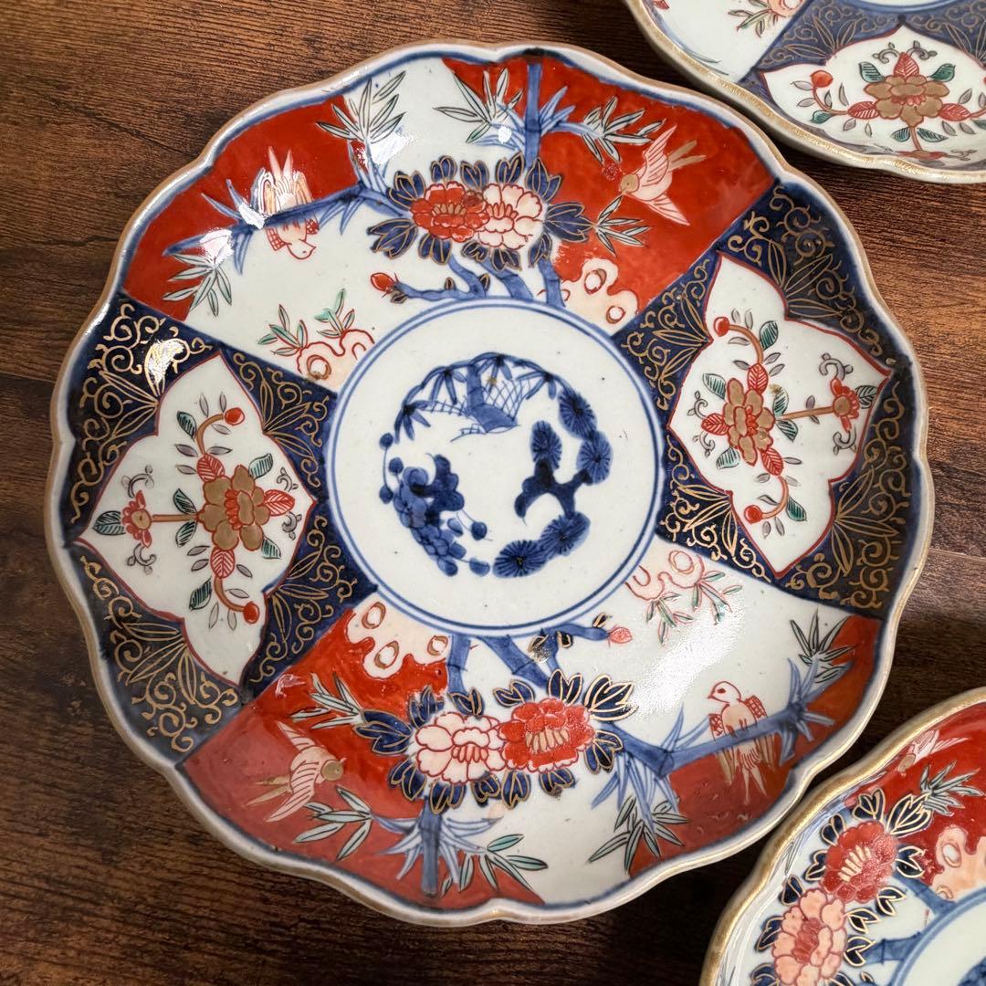 古伊万里 赤絵富貴長春七寸皿 五客　大皿/お皿/中皿/アンティーク