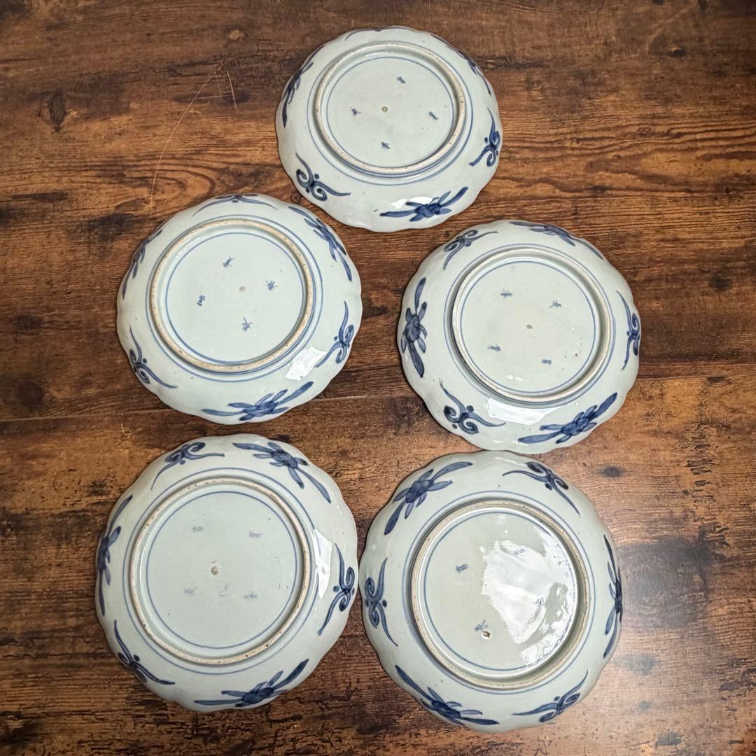 古伊万里 赤絵富貴長春七寸皿 五客　大皿/お皿/中皿/アンティーク