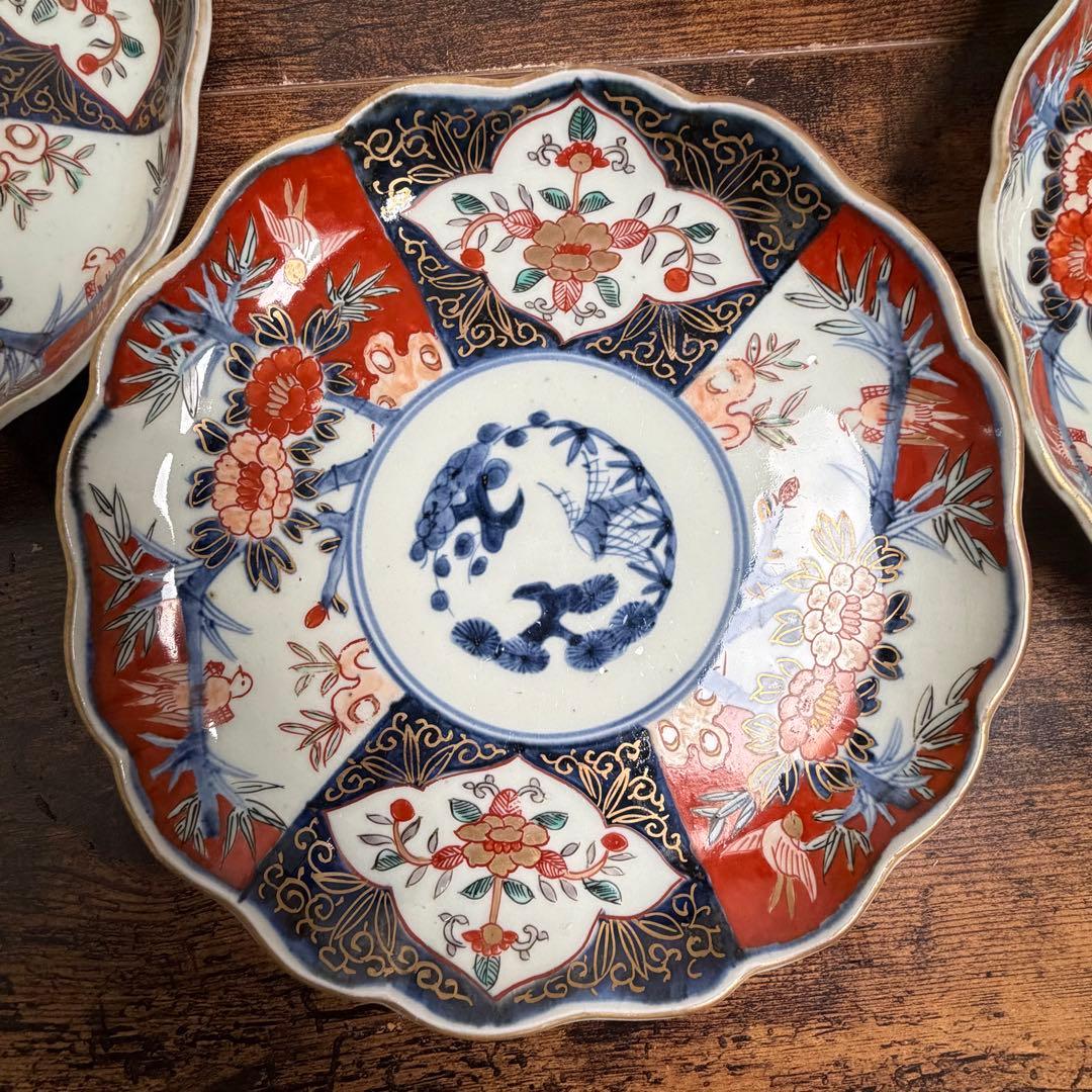 古伊万里 赤絵富貴長春七寸皿 五客　大皿/お皿/中皿/アンティーク