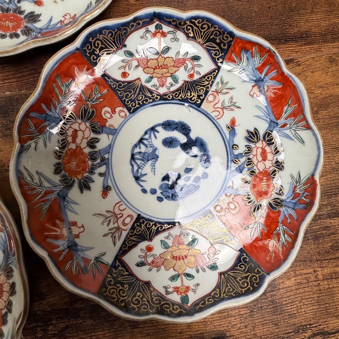 古伊万里 赤絵富貴長春七寸皿 五客　大皿/お皿/中皿/アンティーク