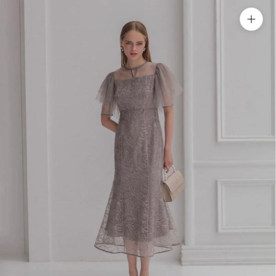 LEJA チュールスリーブボタニカルマーメイドワンピースドレス グレー　M