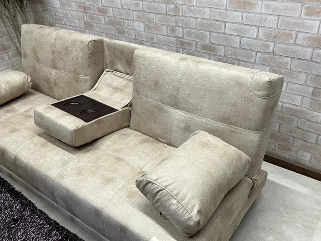 ソファーベッド　ベージュ系　小テーブル付き　レザーファブリック　ソファ　新品