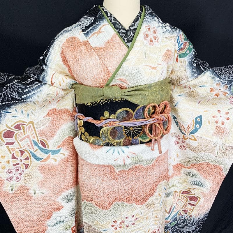 507z44☆振袖 総絞り 古典柄 金彩 ラメ 御所車 蝶☆美品 成人式 結婚式