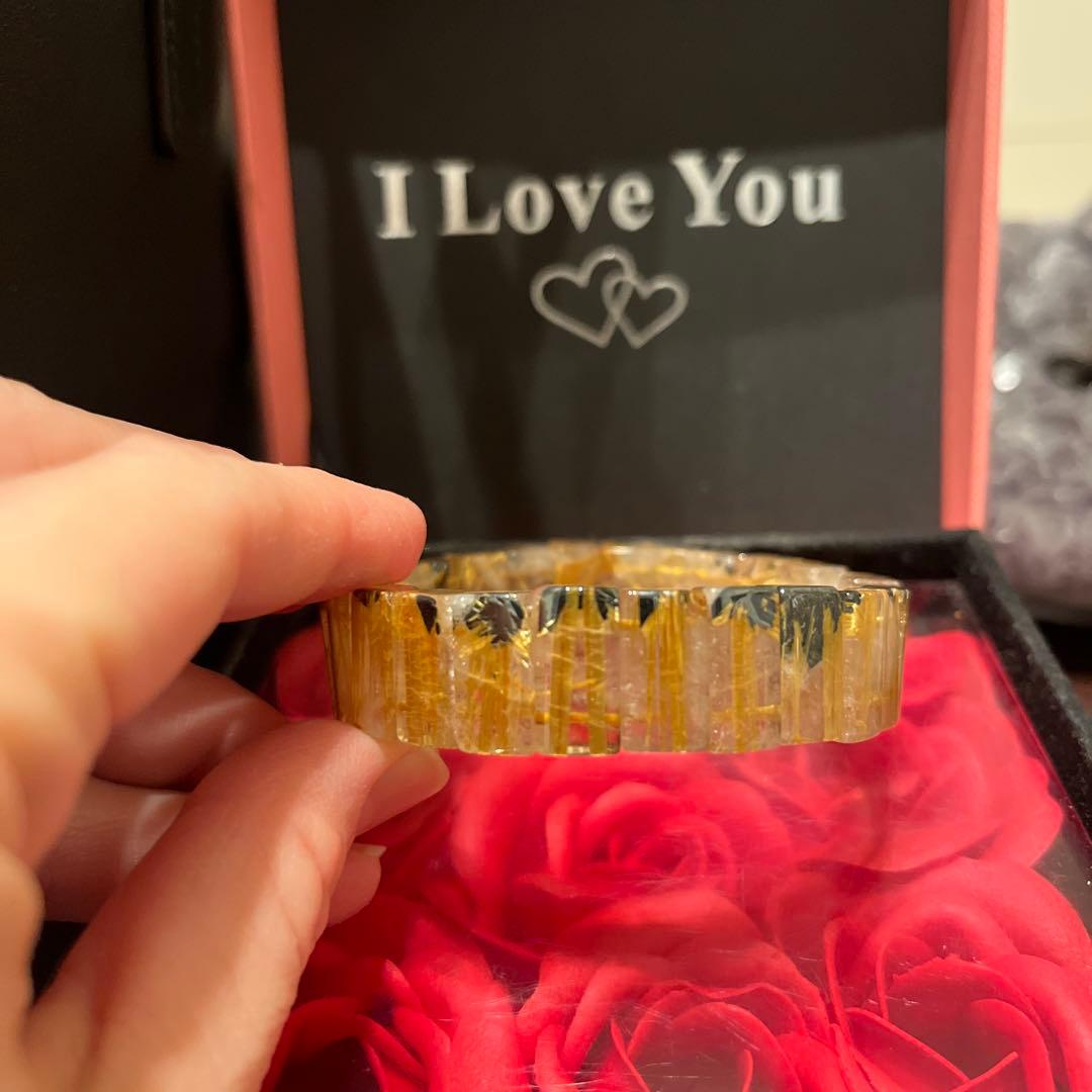 天然石ブレスレット　ゴールドルチルクォーツ　バングル　タイチンルチル