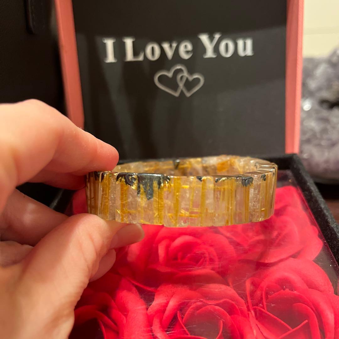 天然石ブレスレット　ゴールドルチルクォーツ　バングル　タイチンルチル