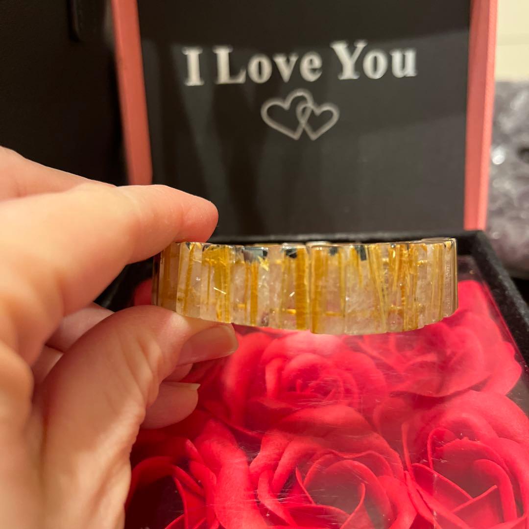 天然石ブレスレット　ゴールドルチルクォーツ　バングル　タイチンルチル