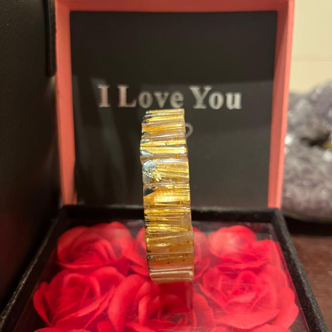 天然石ブレスレット　ゴールドルチルクォーツ　バングル　タイチンルチル