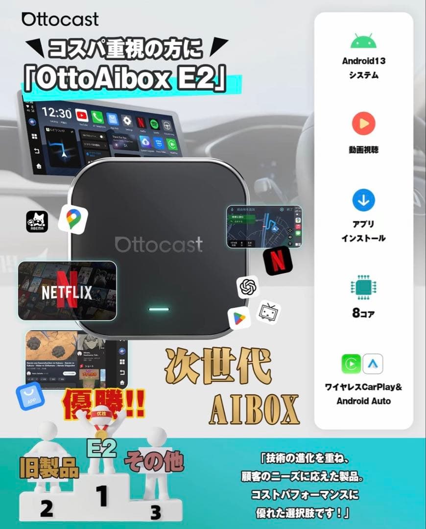 オットキャスト E2 CarPlay 新型エアマウスリモコンBT02セット