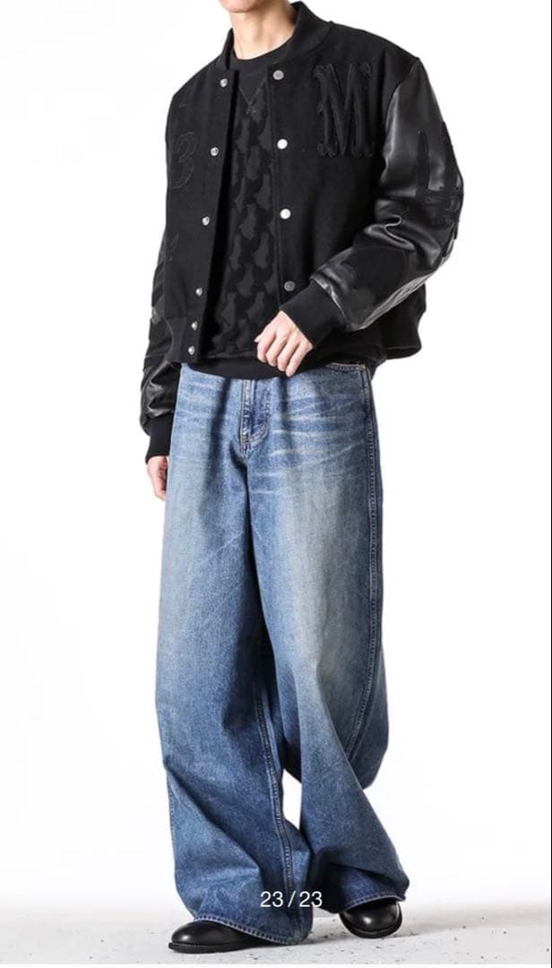 MASU バーシティジャケット　ブラックスタジャン ウール レザー刺繍