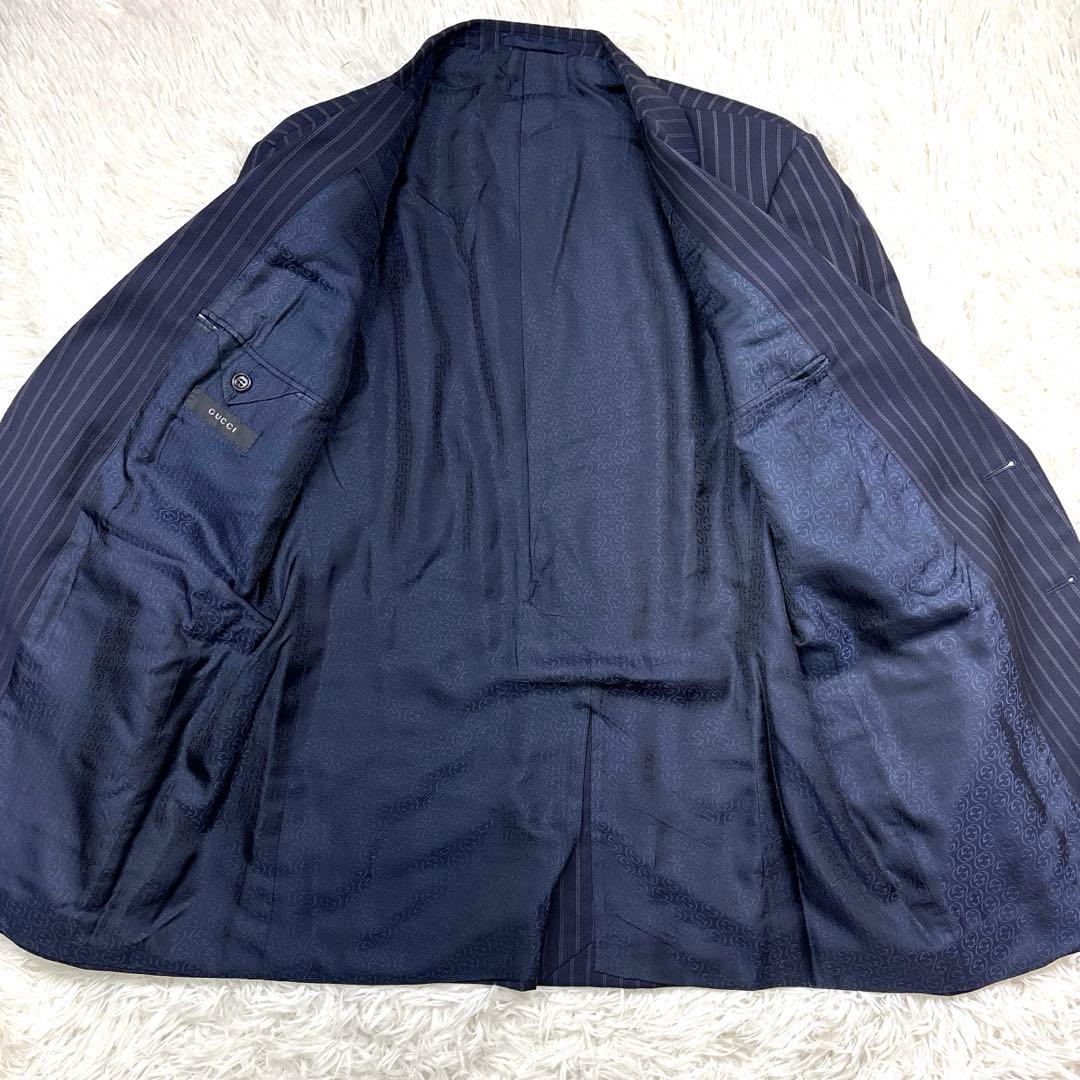 GUCCI スーツ セットアップ ストライプ 2B 裏地ロゴ柄 ネイビー 50R