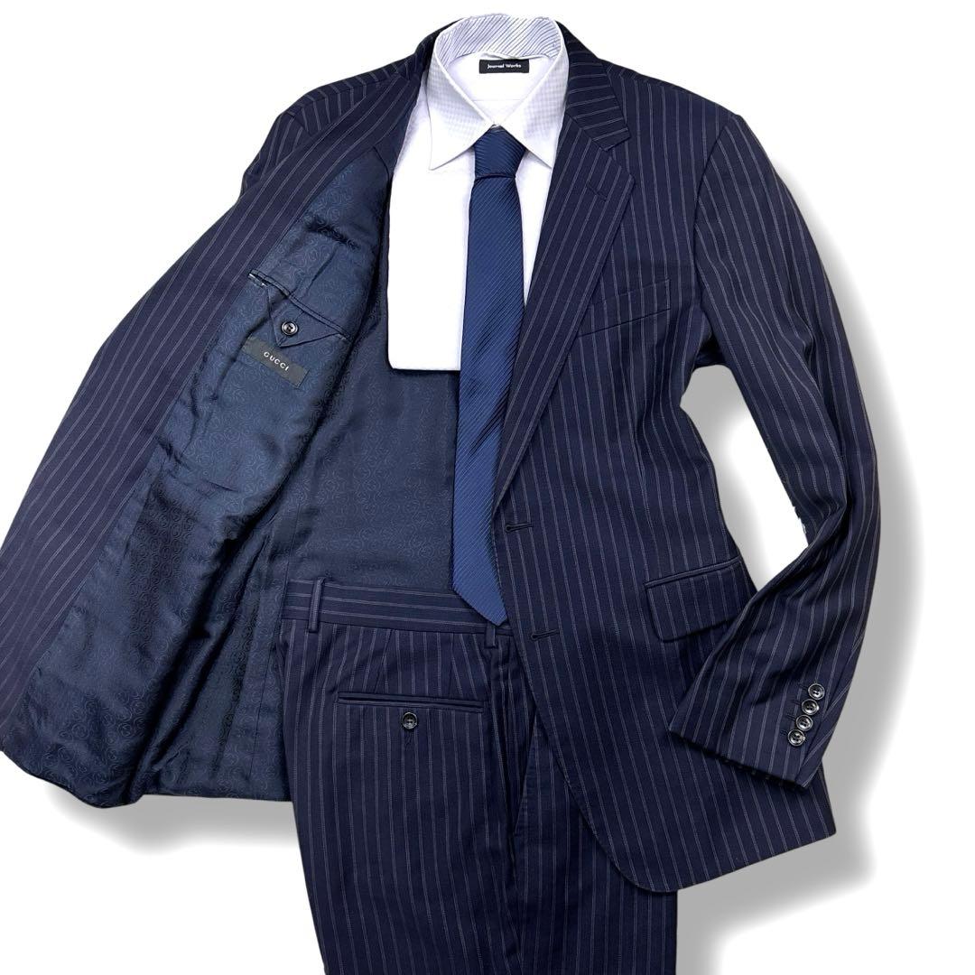 GUCCI スーツ セットアップ ストライプ 2B 裏地ロゴ柄 ネイビー 50R