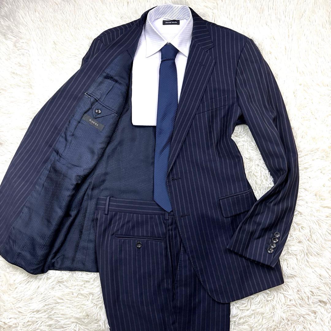 GUCCI スーツ セットアップ ストライプ 2B 裏地ロゴ柄 ネイビー 50R