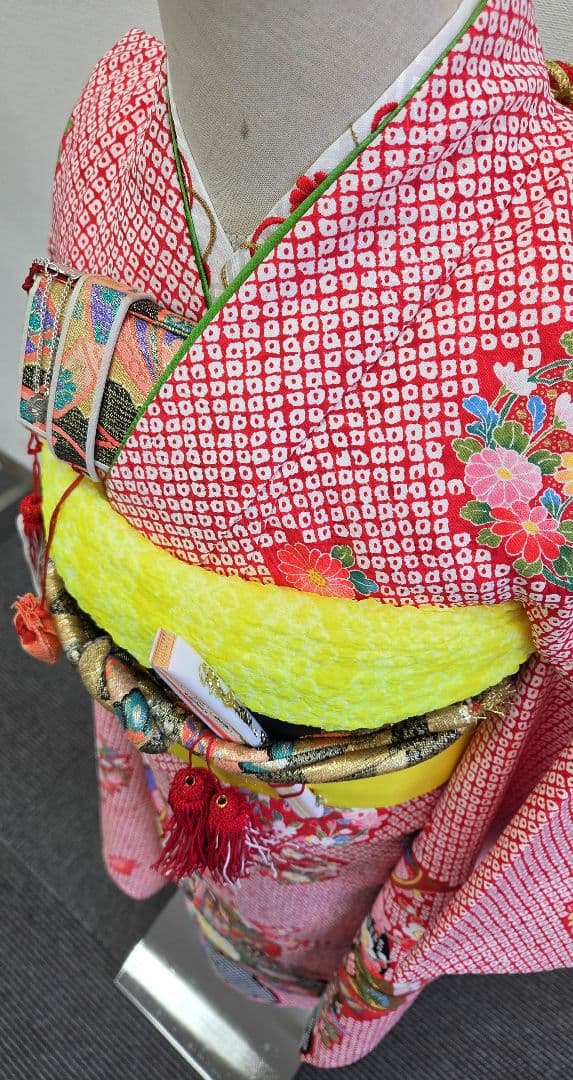 七五三　7歳　120cm　ポリエステル　赤しぼり柄　つくり帯　髪飾り