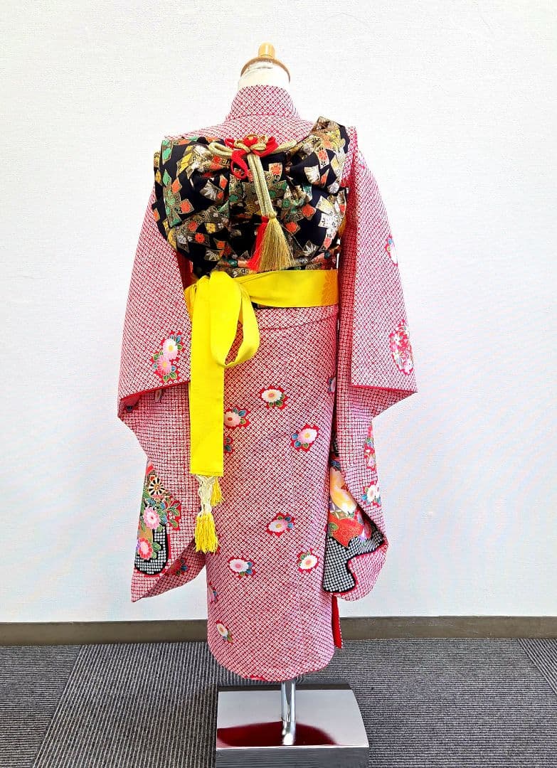 七五三　7歳　120cm　ポリエステル　赤しぼり柄　つくり帯　髪飾り