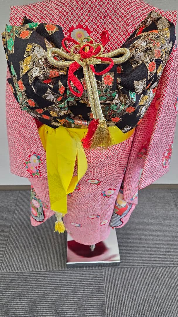 七五三　7歳　120cm　ポリエステル　赤しぼり柄　つくり帯　髪飾り