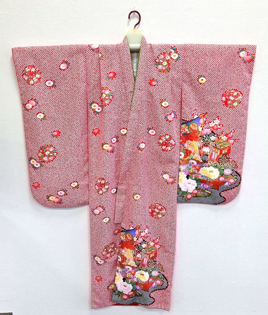 七五三　7歳　120cm　ポリエステル　赤しぼり柄　つくり帯　髪飾り