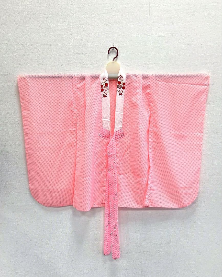 七五三　7歳　120cm　ポリエステル　赤しぼり柄　つくり帯　髪飾り