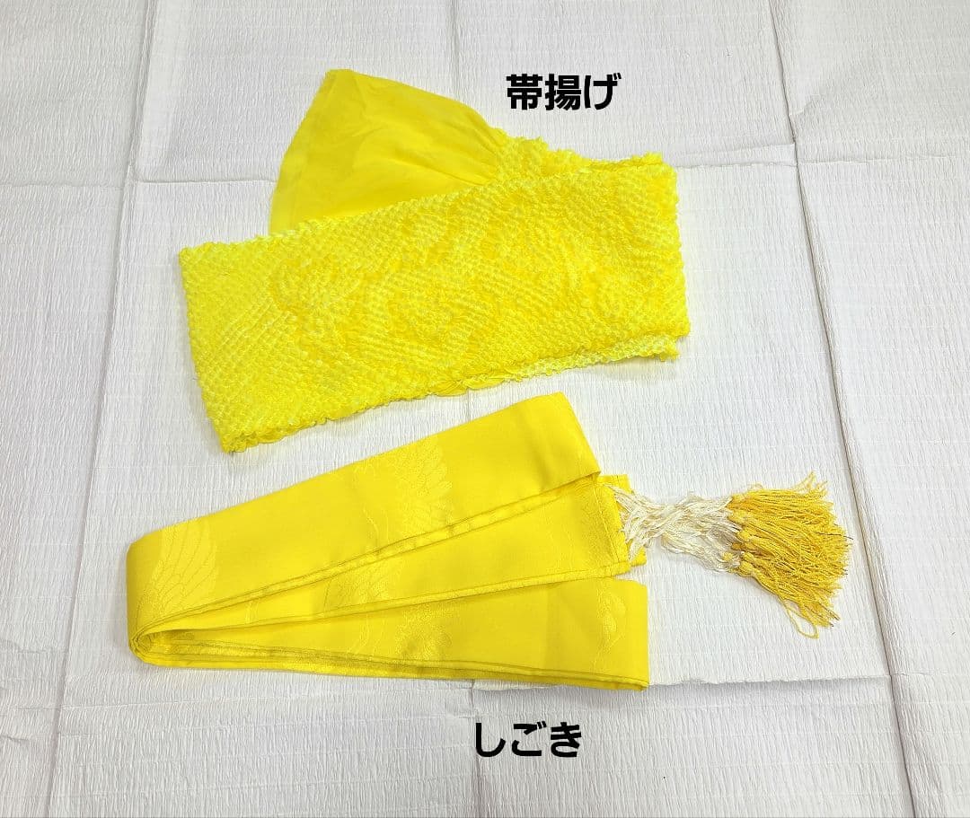 七五三　7歳　120cm　ポリエステル　赤しぼり柄　つくり帯　髪飾り