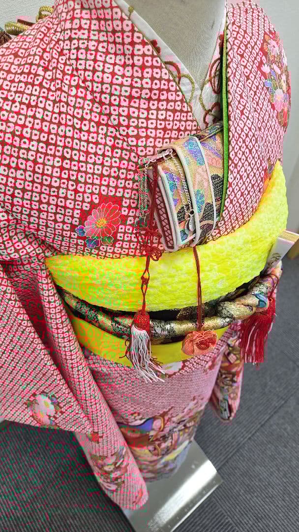 七五三　7歳　120cm　ポリエステル　赤しぼり柄　つくり帯　髪飾り