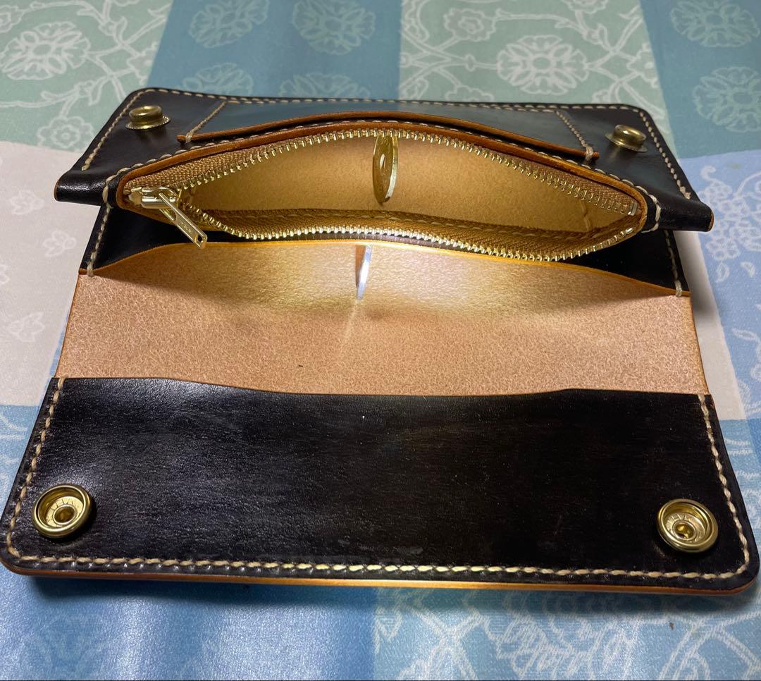 トラッカーウォレット　ロングサイズ　ハンドメイド　黒　ブラック　本革　ヌメ革