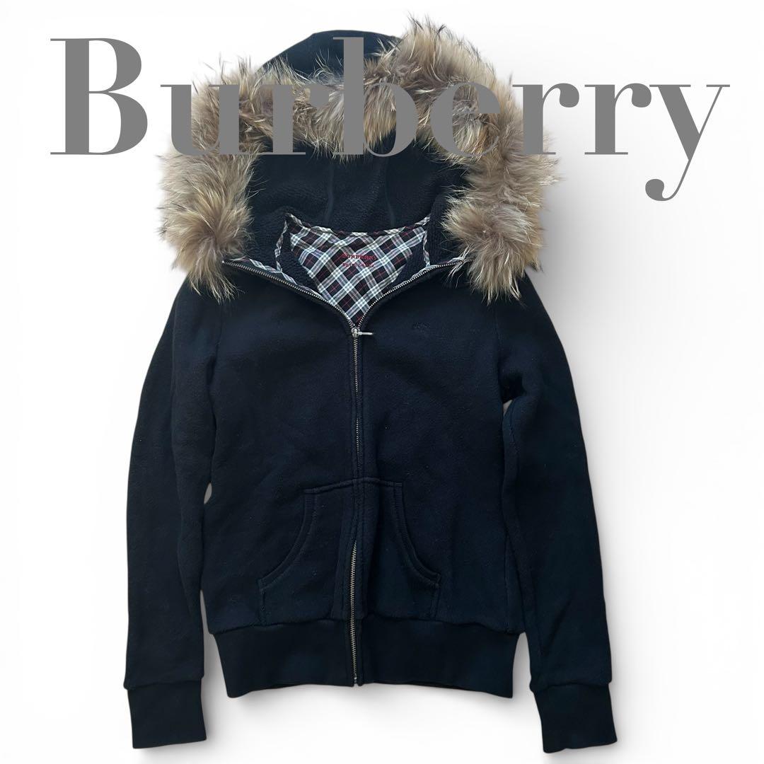 【美品】 バーバリーブルーレーベル ラクーンファー パーカー ホースロゴ M 黒