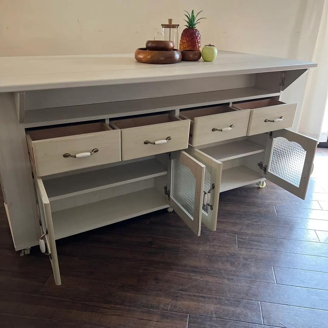 k979r114 カントリー調の白いキッチンカウンター/ワゴン キャスター付き