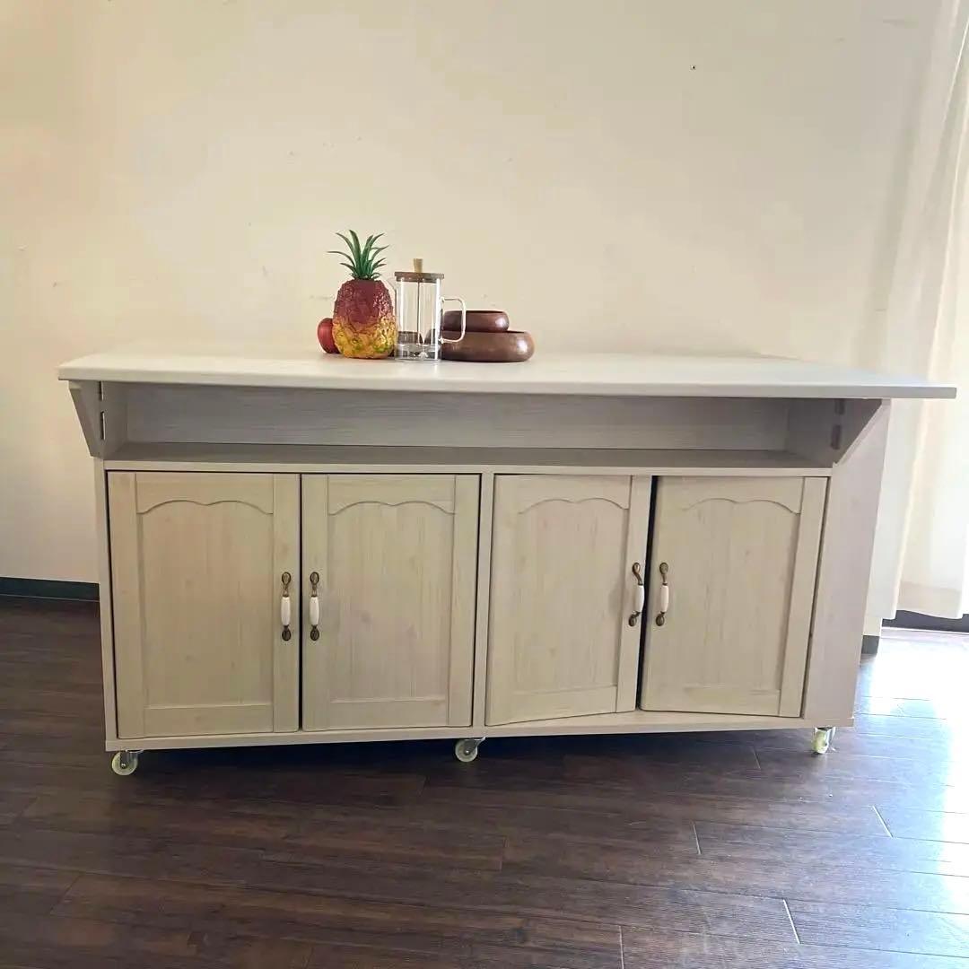 k979r114 カントリー調の白いキッチンカウンター/ワゴン キャスター付き