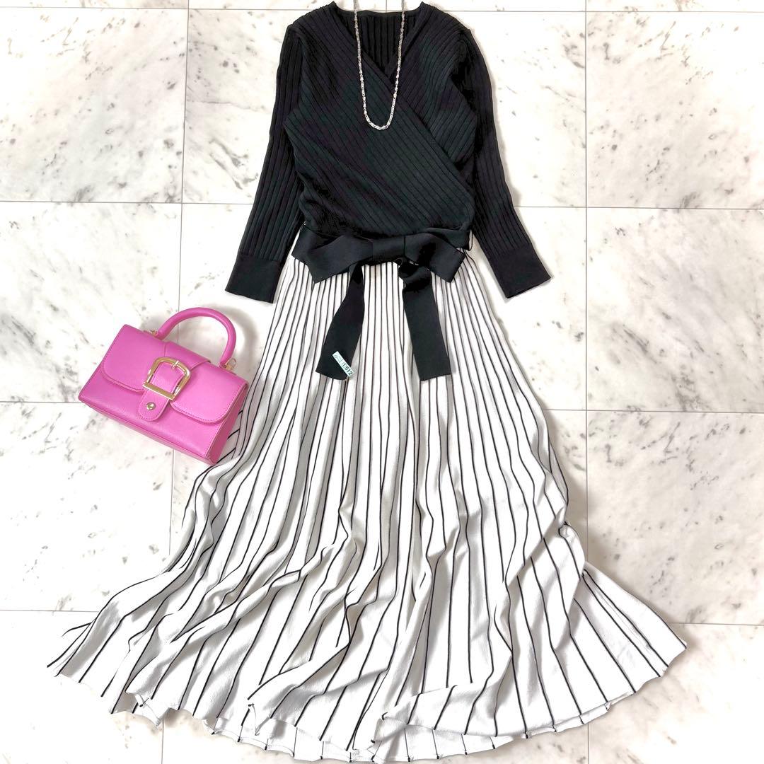 美品　クリーニング済✨ダイアグラム　配色プリーツカシュクールニットワンピース