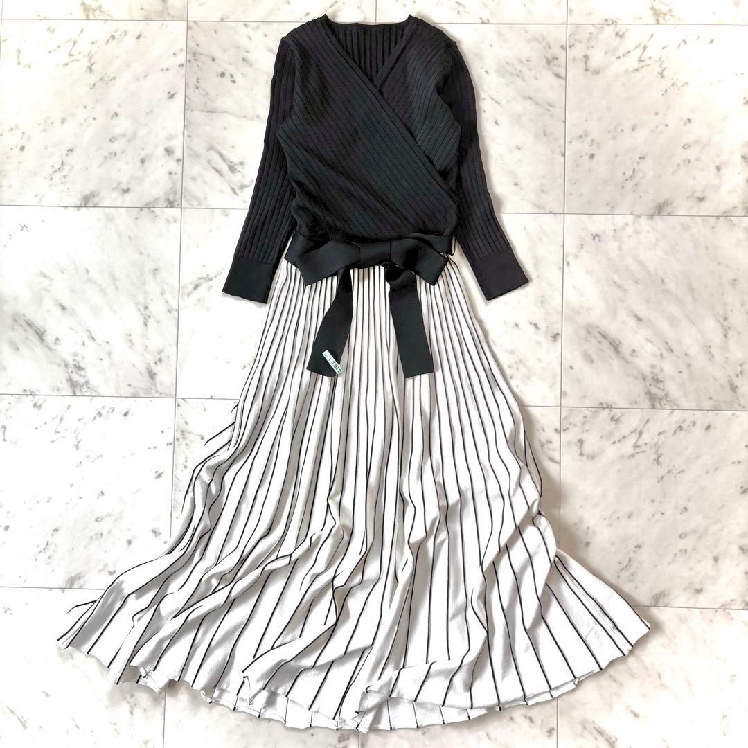 美品　クリーニング済✨ダイアグラム　配色プリーツカシュクールニットワンピース