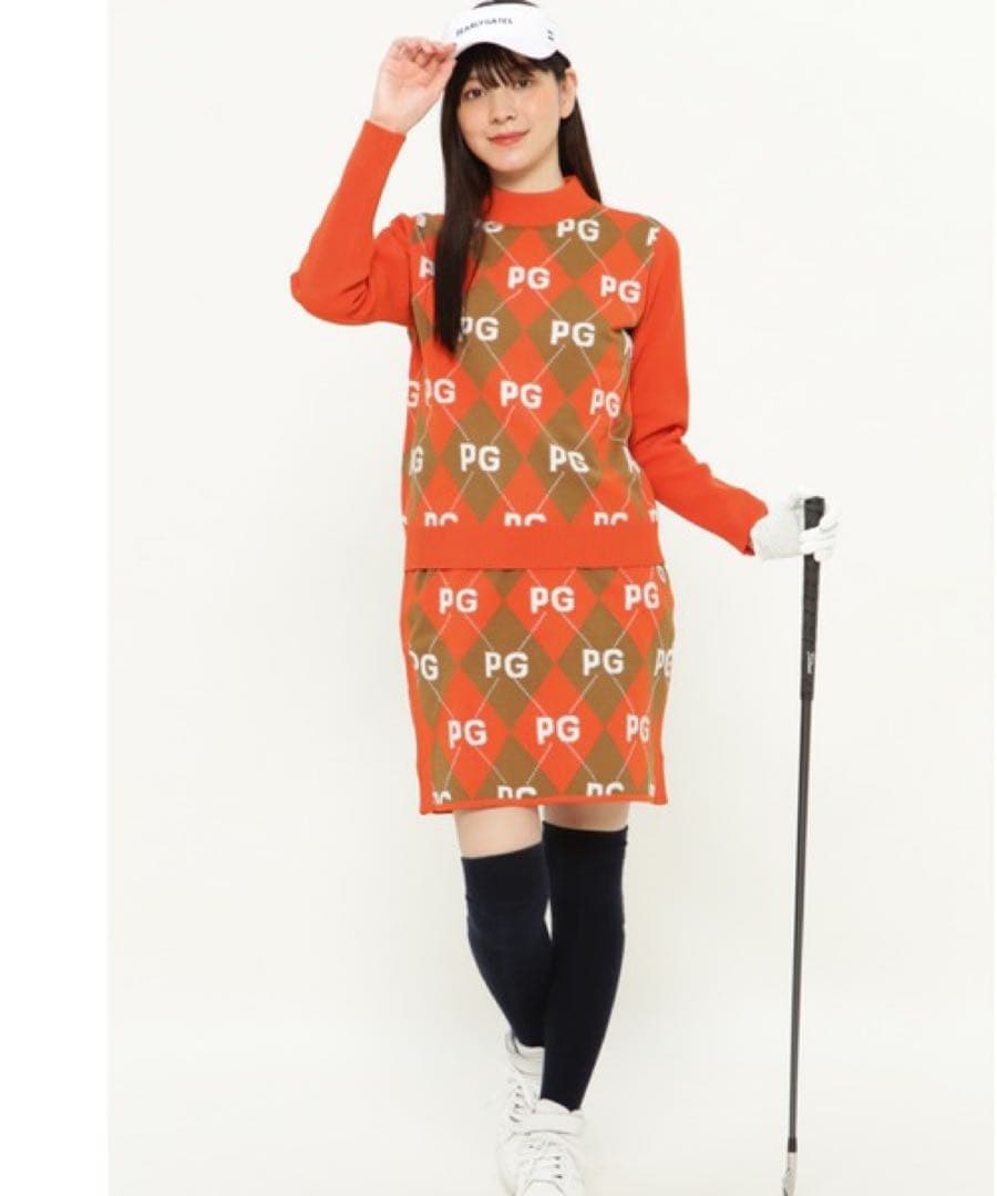 【新品】パーリーゲイツ　サイズ２　アーガイル柄＋モール ニットスカート　オレンジ