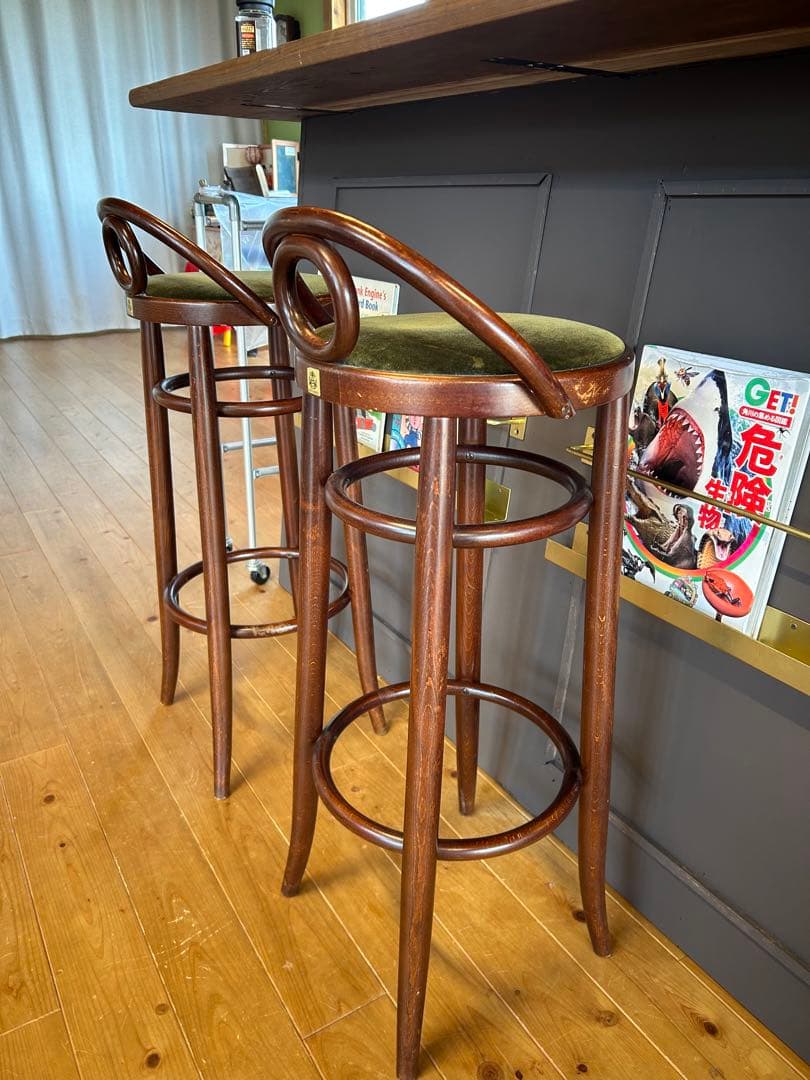 秋田木工 木製カウンターチェアモスグリーン　アンティーク