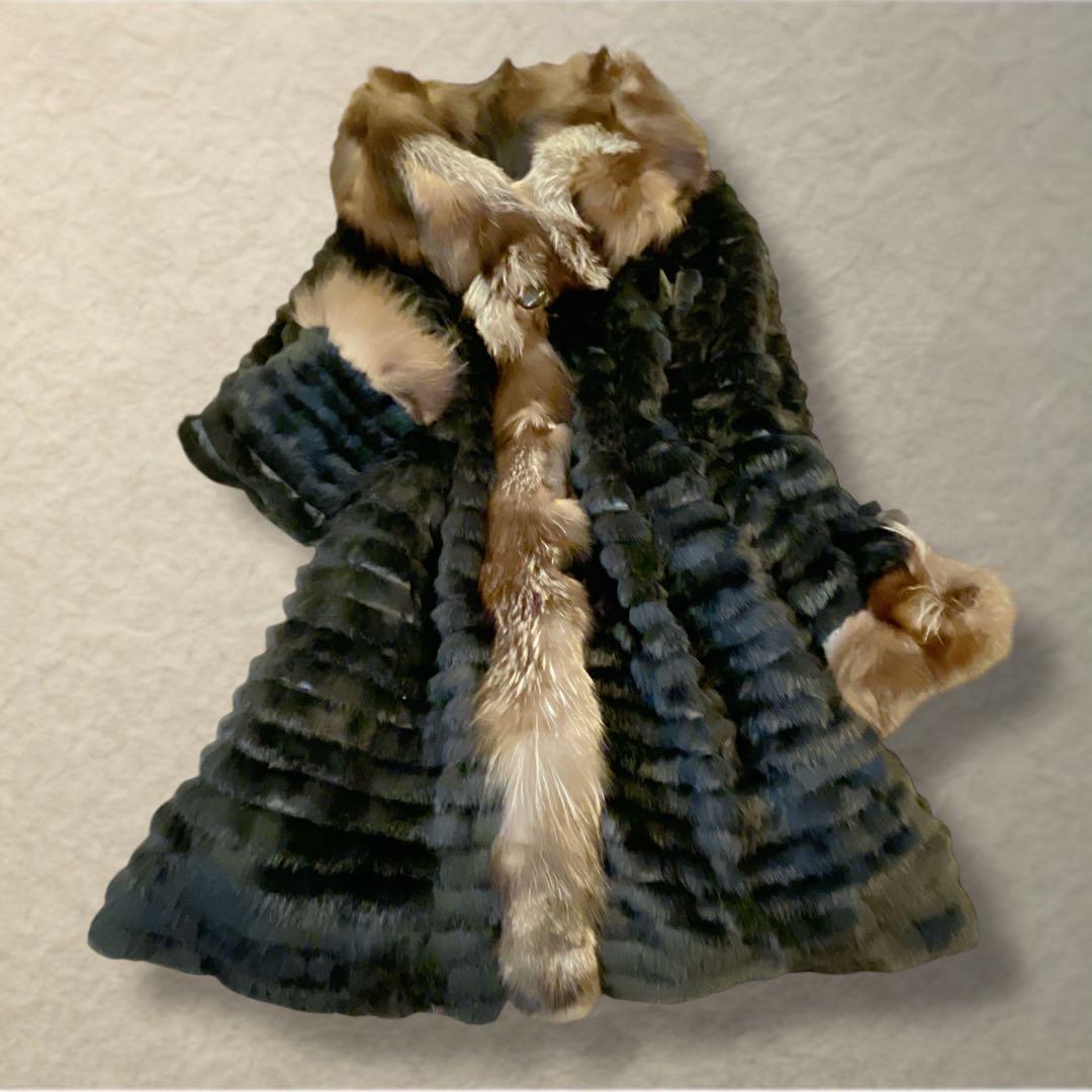 毛皮コート リアルファー　シルバーフォックス×ラビット　ロング丈 切替 M〜L