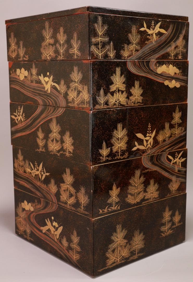 Saku BJ070 時代輪島塗　明治期　流水金蒔絵　本硬地　五段重　重箱