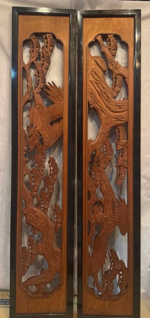 欄間 木彫り 彫刻 二枚組　松と鷲アンティーク