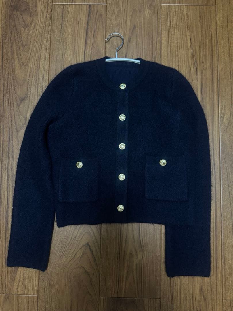 anuans カシミヤブレンドノーカラーニットジャケット ネイビー