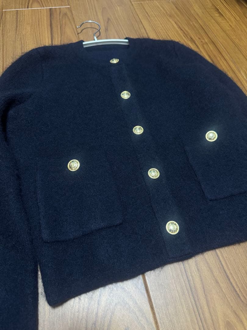 anuans カシミヤブレンドノーカラーニットジャケット ネイビー