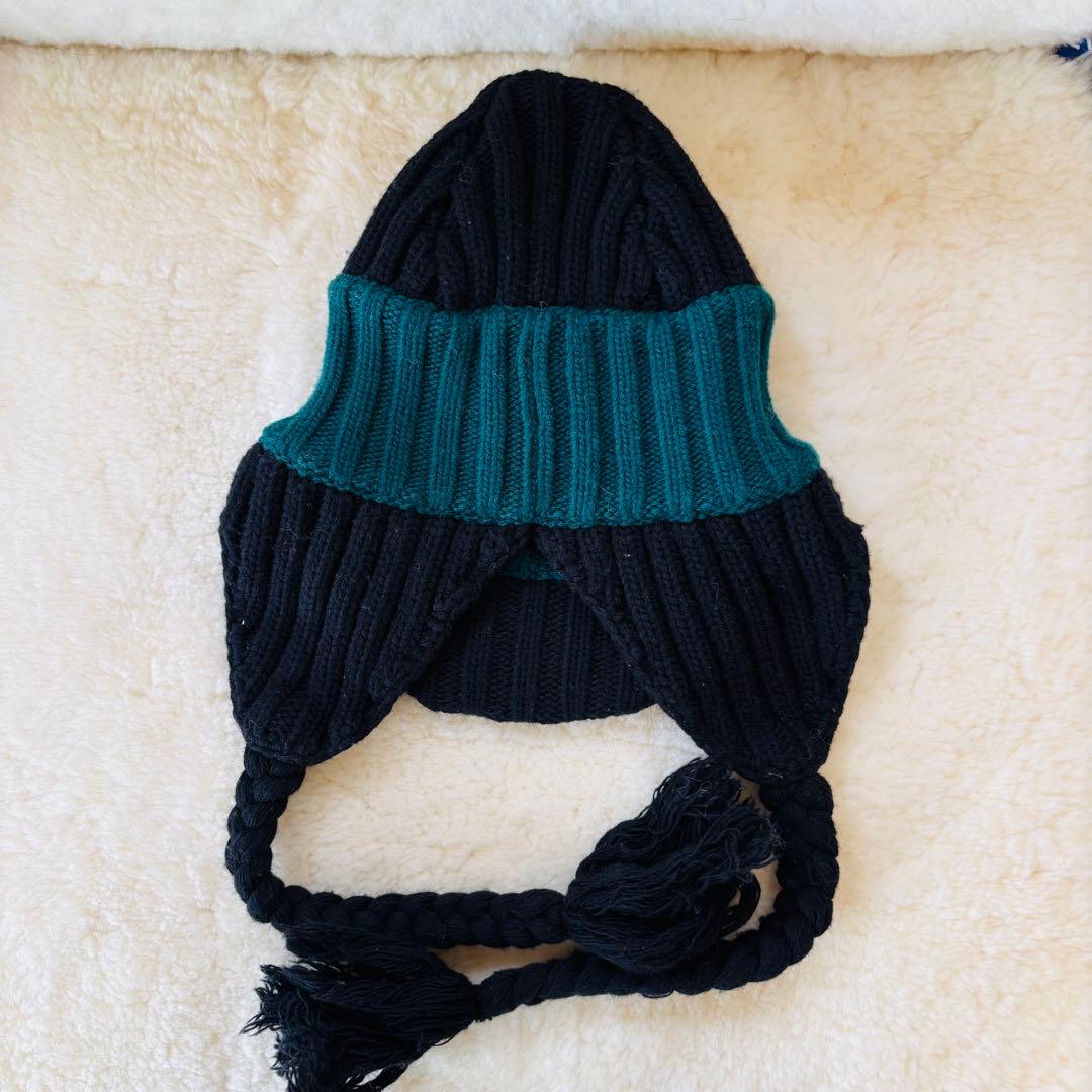 MARNI 耳当てニット帽 ウール タッセル マルニ 黒グリーン