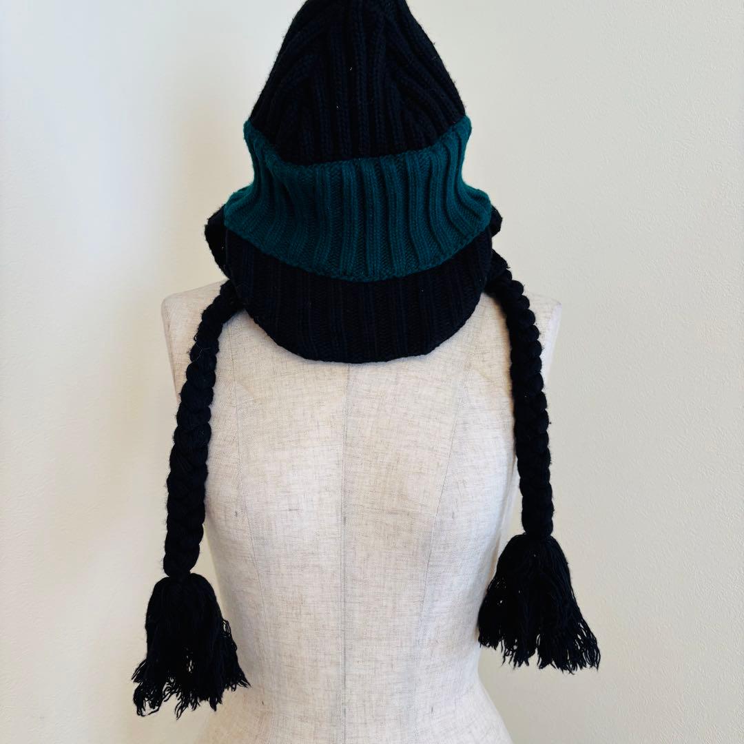 MARNI 耳当てニット帽 ウール タッセル マルニ 黒グリーン