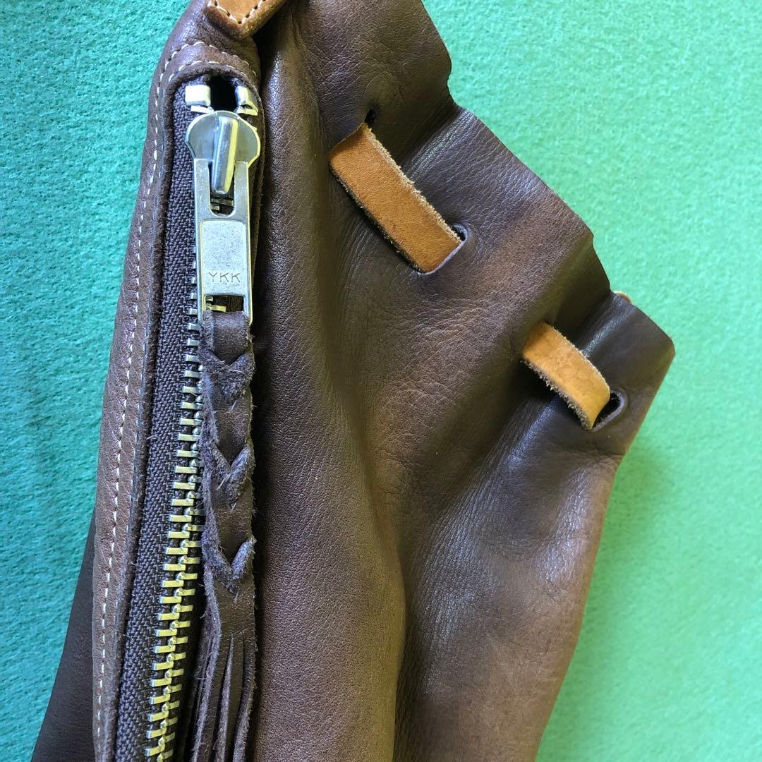 と89●REDMOON レッドムーン レザー巾着ショルダーバッグ 本革 ブラウン