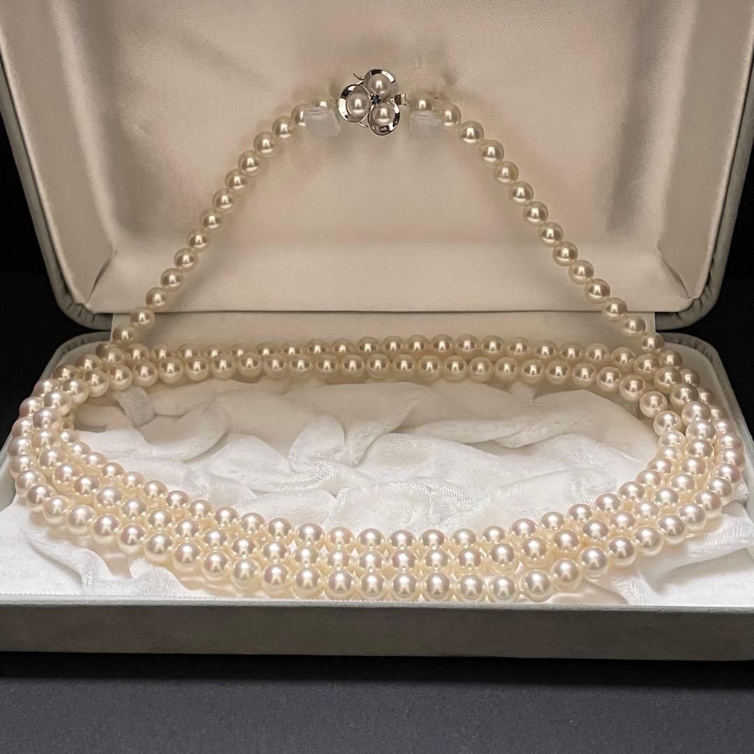 【K14WG✨3連】 あこや真珠 ネックレス125cm パール 2連 サファイヤ