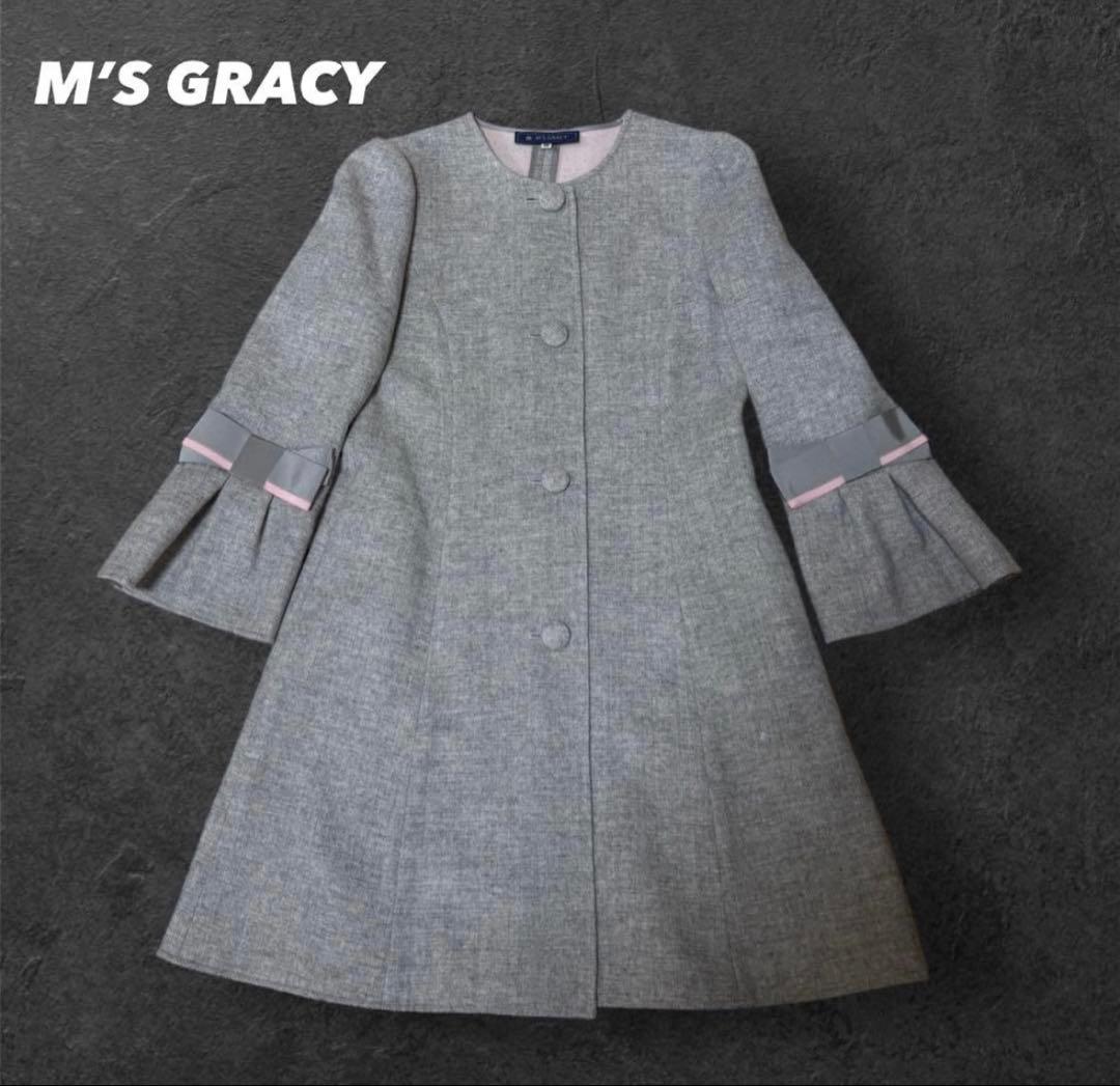 完売品✨　エムズグレイシー　ノーカラーコート　ウール　リボン　フレア　38