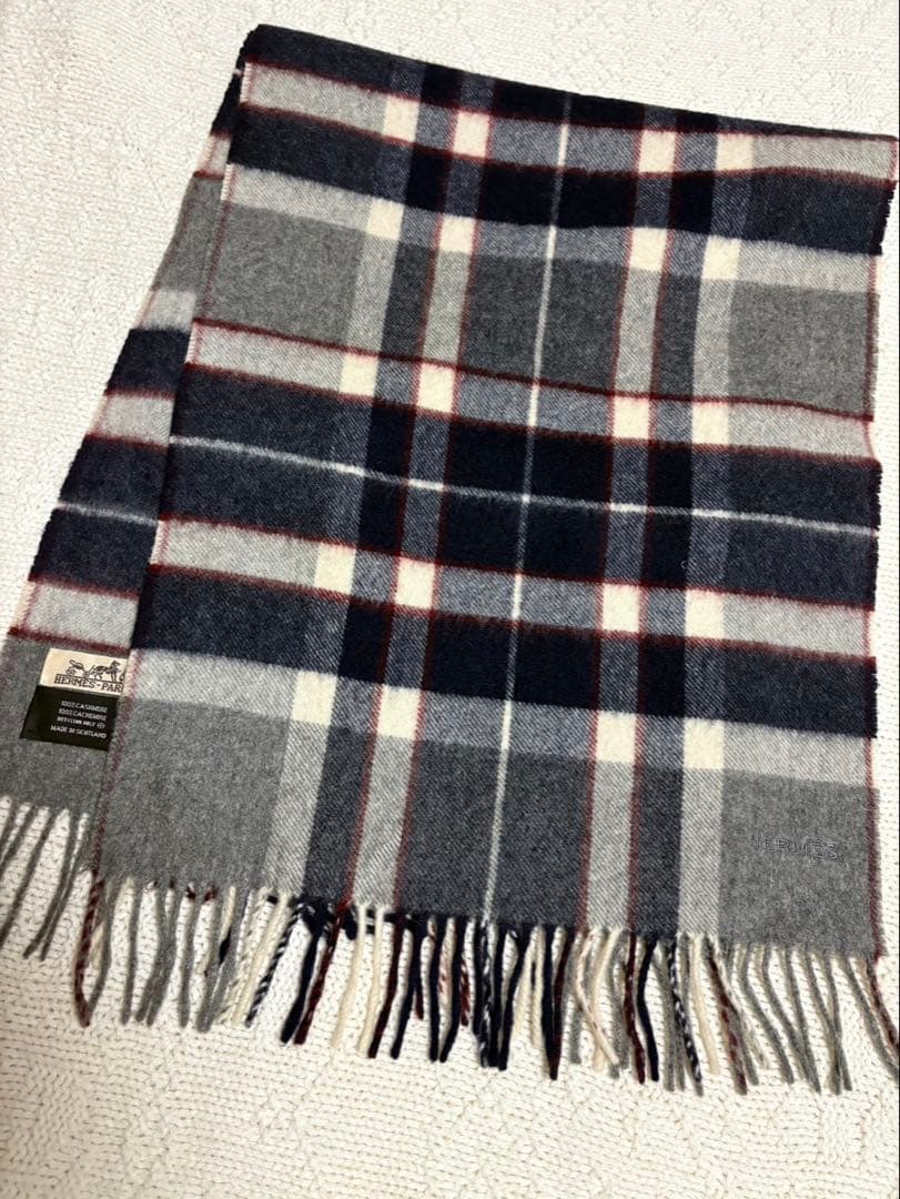エルメス チェック柄 カシミヤマフラー